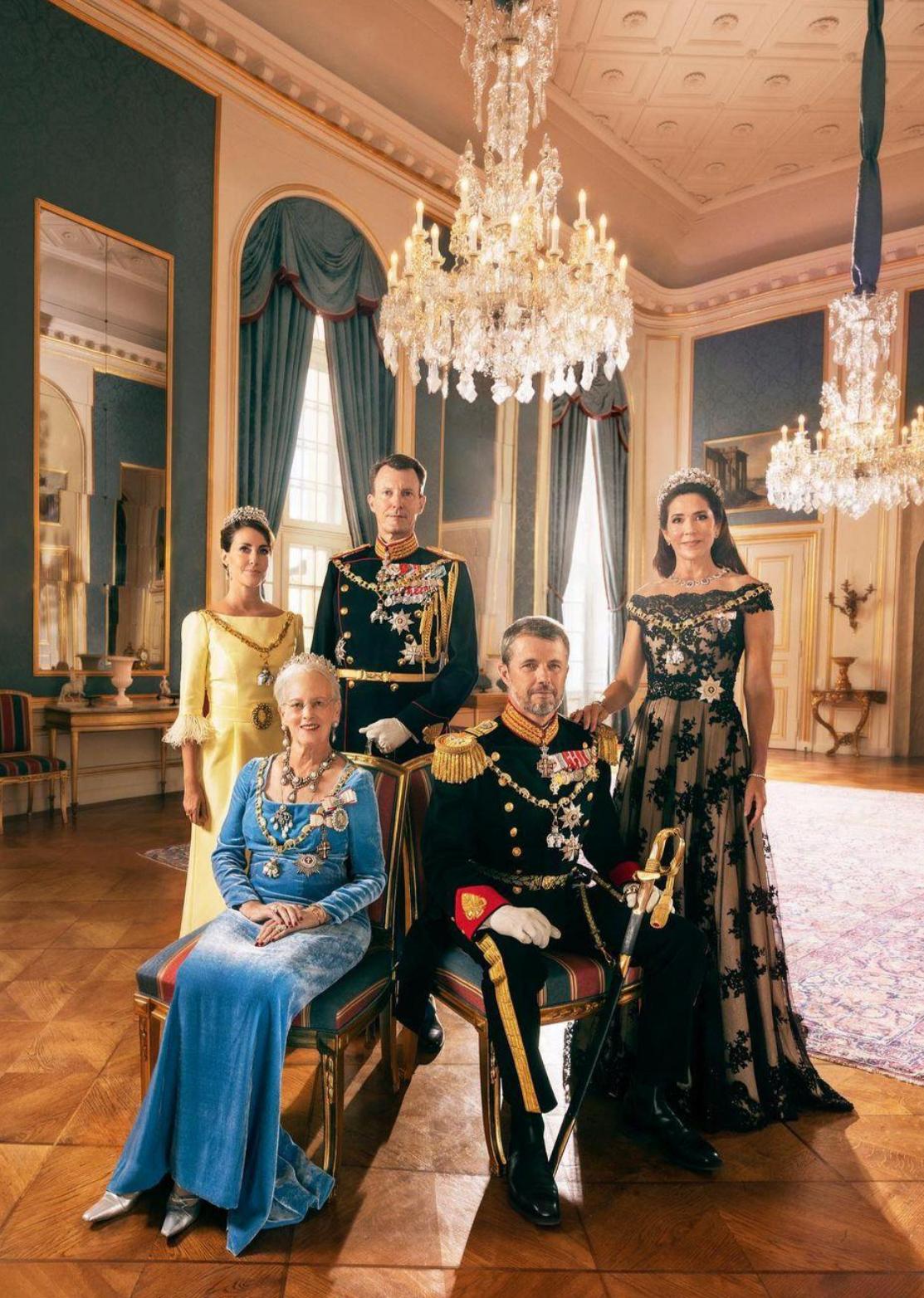 Queen Margrethe II of Denmark with Prince Joachim and wife Princess Marie and Crown Prince Frederik and wife Crown Princess Mary.