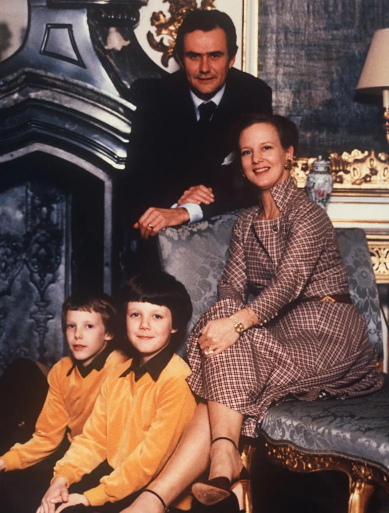 On her 40th birthday with husband Prince Henrik and their children Princes Joachim and Frederik.