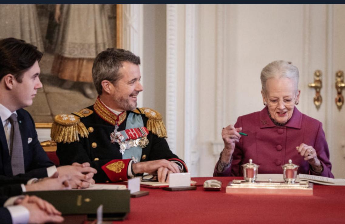 Denmark's Queen Margrethe signs a declaration of abdication in the Council of State at Christiansborg Castle, after a reign of 52 years, as she is succeeded by her elder son Frederik, in Copenhagen, Denmark, Jan. 14, 2024.