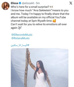 إليسا تطرح ألبوم أنا سكتين على يوتيوب بعد حكم قضائي
